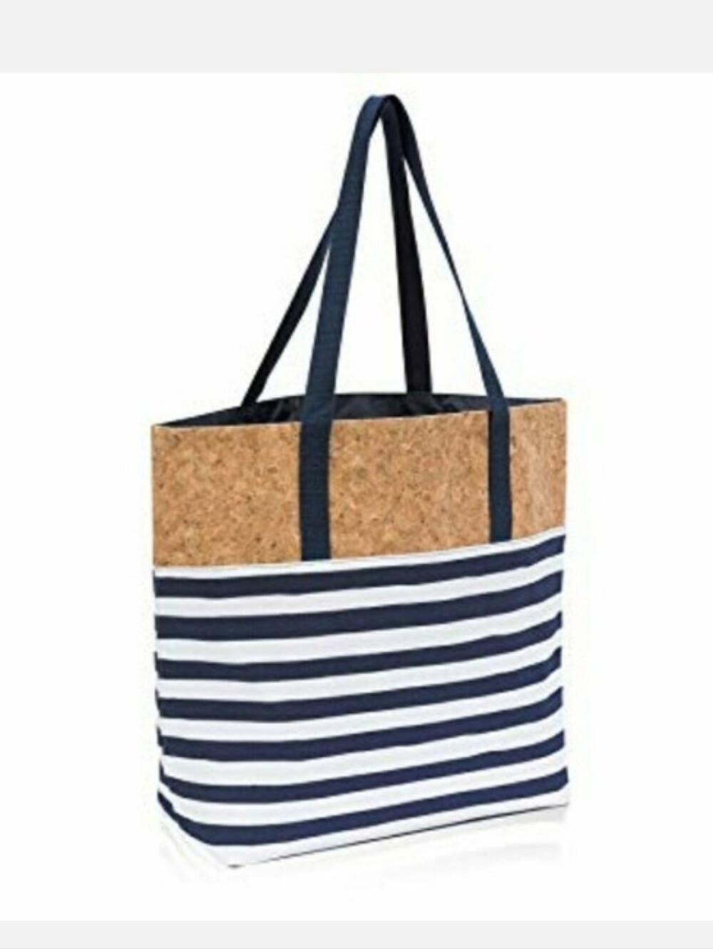 NWT Thirty-one Getaway Tote Bag Blue & White Cabana Stripe With Cork Band